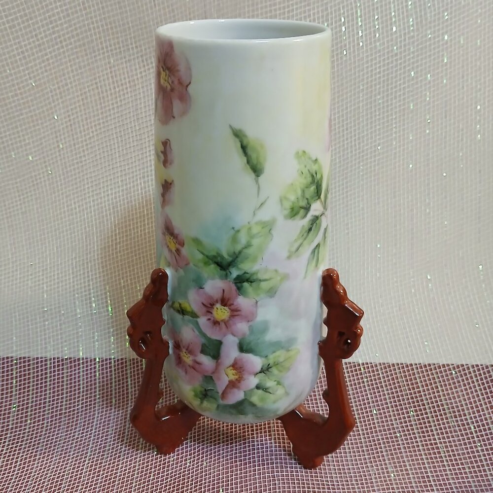 Vintage Hand Painted Porcelain Floral Vase on Stand-Art Nouveau-Signed Sharp